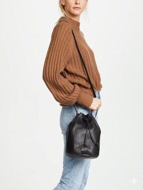Baggu Bucket Purse Natural Milled Leather Drawstring Crossbody Bag Black USA
